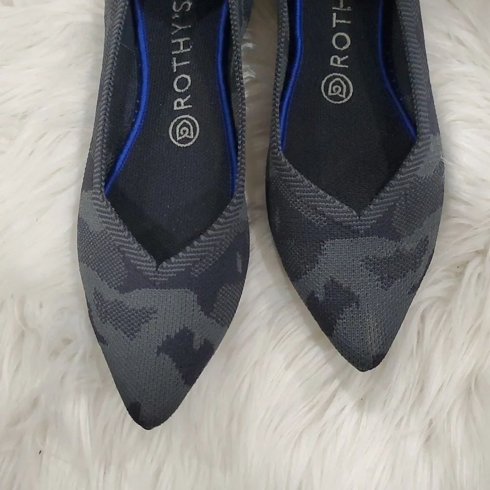 Rothy's The Point  Gray Camo  Flats with Sleek Pointed Toe and Blue Trim - Picture 11 of 16